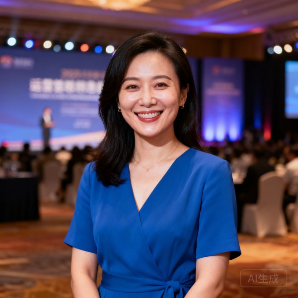 运营总监李薇的半身照，面带温暖笑容的女性，穿着蓝色连衣裙，背景是活动场地
